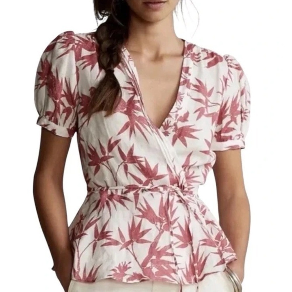 Polo Ralph Lauren red white puff sleeve Floral Linen‎ Wrap Front Top sz LG